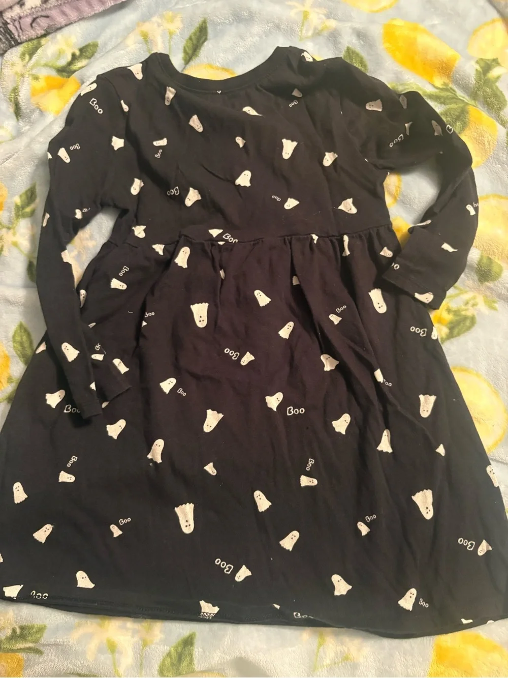 Old Navy Black Long-Sleeve Ghost Print Dress